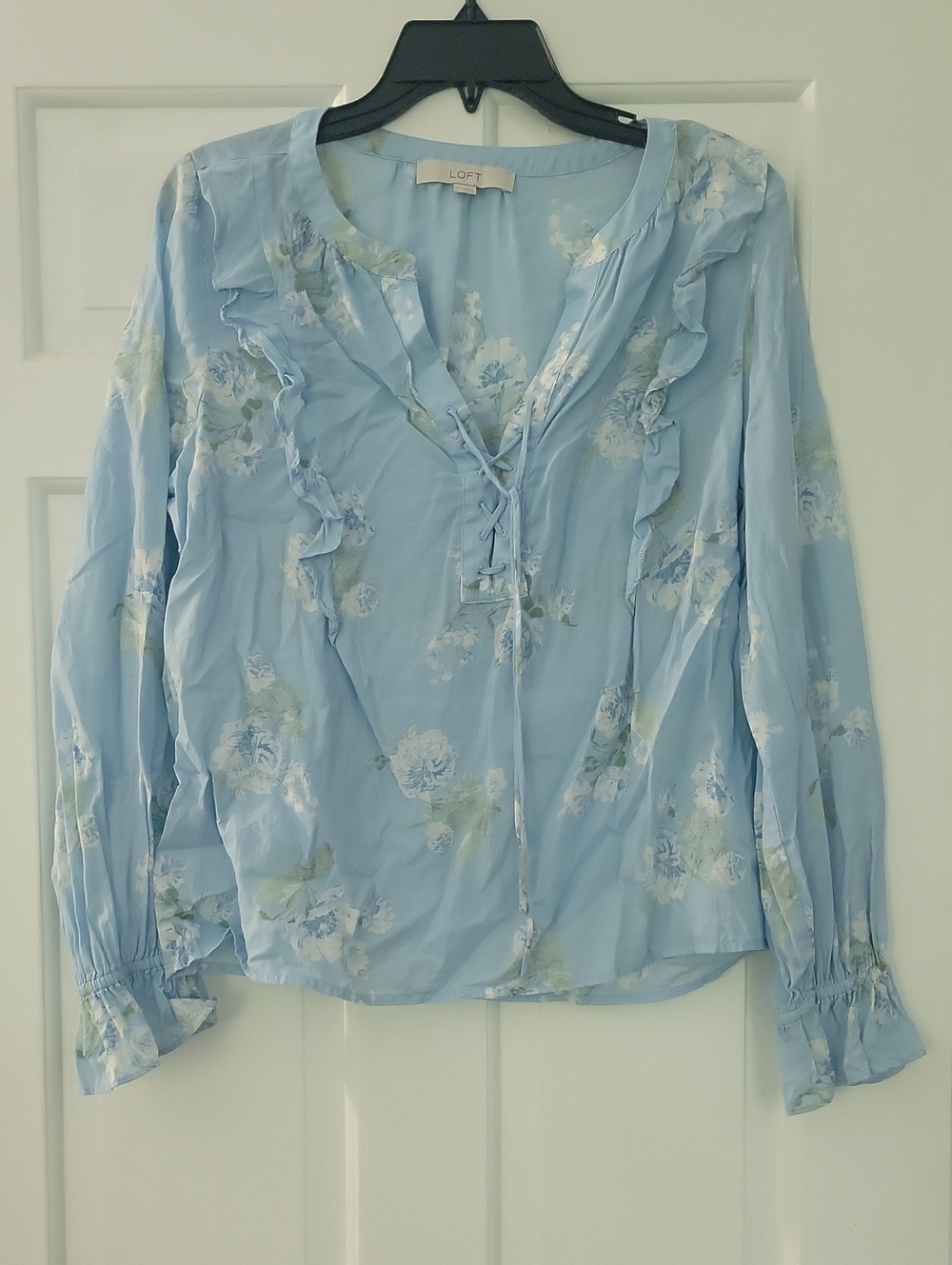 LOFT Sky Blue Floral Ruffle Lace-Up Blouse Medium